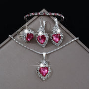 5-Piece Set of Fashionable Women's Pink Heart-Shaped Stainless Steel Rhinestone Jewelry Set, Including Necklace, Bracelet, Earrings, and Ring, as a Holiday Gift for Her