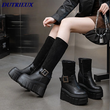 2025 9cm High Wedges Heeled Ankle Boots Women Fashion Long Knee-high Boots Female Wedding Party Sexy Black Warm Shoes Winter