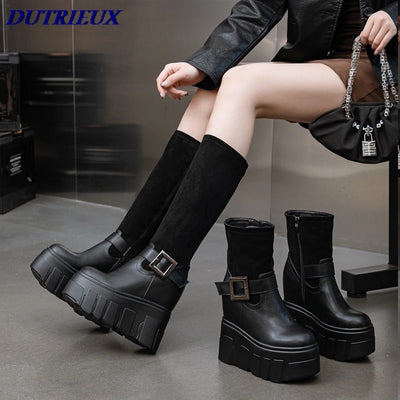 2025 9cm High Wedges Heeled Ankle Boots Women Fashion Long Knee-high Boots Female Wedding Party Sexy Black Warm Shoes Winter