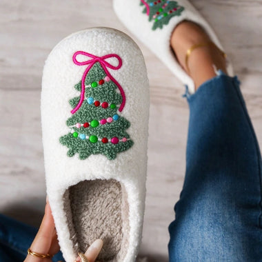 Cozy Women Winter Fuzzy Plush Slippers Christmas Tree Pink Bow Colorful Baubles Embroidery Soft Non Slip Indoor Holiday Shoes