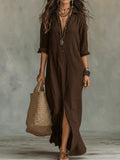 Women Dresses 2026 Spring/Summer Casual Solid Color Lapel Front Slit Long Dress Women's Clothing Vestidoes