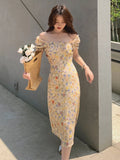 2026 Spring Summer New Sweet Gentle Printed Women's Dress Oil Painting Floral Puff Sleeve Korean Bellflower Chiffon Midi Dresses
