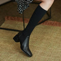 Women's New Over-the-knee Slim Fit Leather Long Boots, Stretchy Mid-calf Boots, High-heeled Square-toe Boots