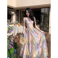 Women's Summer Oil Painting Style Floral Maxi Dress Butterfly Print Square Neck Puff Sleeve Tulle Dress For Women
