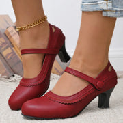 Women Pumps Casual Mary Jane Shoes Solid Color Round Toe Shoes Buckle Strap Leather Sandals Footwear High Heels Women Shoes
