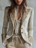 2026 European Women Flare Sleeve Blazer Velvet Pocket Print Notch Lapel Long Sleeve Suit Jacket