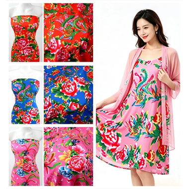 Pajamas Summer Sewing Fabric Floral Printed Rayon Fabric By The Meter for Clothing Dresses Pajamas Summer Quilt Sewing Soft Smooth Skin Friendly Cloth Red