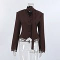 Soft Texture V Neck Women Lace Blazer White Tone Waist Taper Suit Outerwear Lace Weave Fall Season Formal Coat Casual Gathering