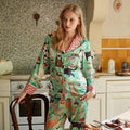 Spring 2025 Women's Pajamas Set Cute Cat Print Silk Like Two Pieces Long Sleeve Full Length Pants Trousers Sleepwear 41920