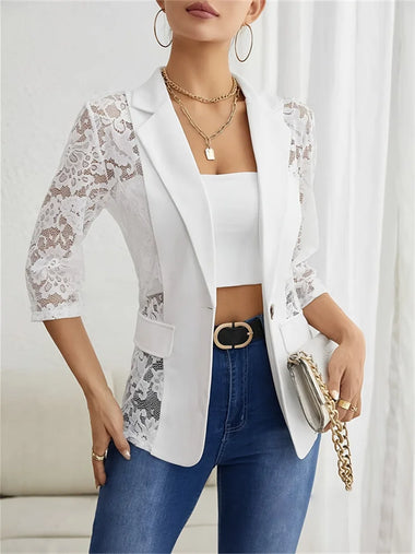 2025 Fashion Spring Summer Lace Stitching Small Suit Jacket Women's Casual Blazer Elegant Coat Streetwear Tops Lady Slim Blazers