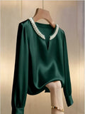 Women Satin V Neck Blouse Pearl Beaded Collar Long Sleeve Elegant Office Shirt Top