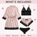 Women's 4-Piece Faux Silk Satin Pajama Set with Lace Trim Robe, Camisole, Shorts and Panties, Spring Loungewear, XS-XXL