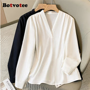 Botvotee Elegant Blouse Women V Neck Long Sleeve Beige Black Work Shirts Casual 2025 New Office Lady Fall Winter Tops