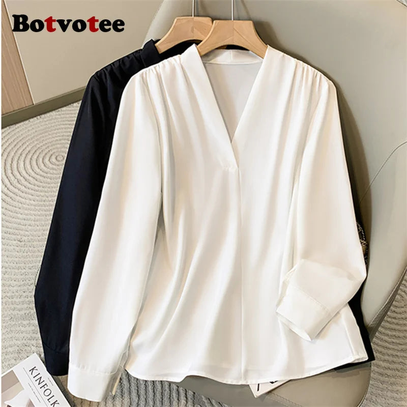 Botvotee Elegant Blouse Women V Neck Long Sleeve Beige Black Work Shirts Casual 2025 New Office Lady Fall Winter Tops