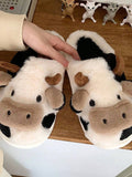 Cow Pattern Plush Slippers Winter Warm Non-slip Cozy Cute Home Slippers for Couples Men