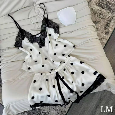 Summer Women's Sleepwear Suspender Pajama Set Sexy Lace Trim Strap Top&shorts Intimate Lingerie Print Dot Silk Satin Homewear