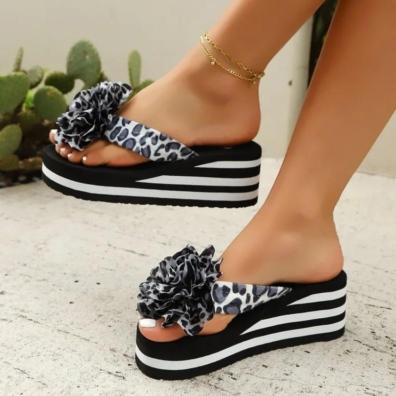 2026 New Summer Women Comfortable Sexy Leopard Flowers Soft Wedges Slippers Casual Beach Shoes New Flower Women's Sandals