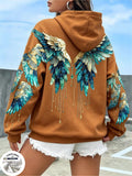 Women Fleece Hoodie Angel Wings Back Print Long Sleeve Loose Casual Warm Hooded Sweatshirt