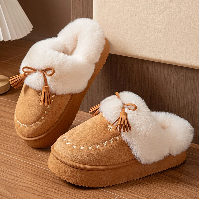 Bow Winter Fluffy Slippers Women House Plush Platform Mules Shoes Ladies Faux Suede Cozy Warm Indoor Fuzzy Fur Slides Non-Slip
