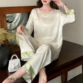New Chinese Style Women Pajamas Set Loungewear Elegant Print Flower Sleepwear Trouser Suits Loose Silk Satin Homewear Pyjama