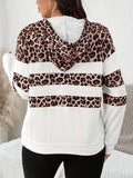 Fashion Leopard Print Stitching Hoodie V-neck Drawstring Long Sleeve Pullover Sweater Women's Casual All-match Top