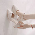 Ladies Elegant Beige Pointed Toe Thin Strap Cross Buckle Mid Heel Sandals Daily Office Shoes