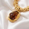 1 Set Vintage Amber Tone Jewelry Set, Irregular Resin Pendant Necklace Earrings Ring, Gold Plated Retro Statement Jewelry