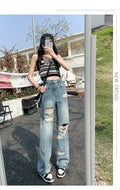 Ripped Torn Wide Flared Y2k Baggy Jeans Woman High Waisted Jeans Ladies Women's Denim Pants Shoujo Girl Style Coquette Jean Pant
