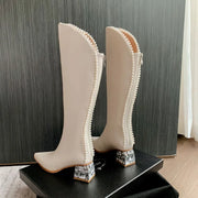Women's Boots Knee Boot Women's Boots Cowhide Pearl Edge Retro Knee High Boot Autumn Winter 5.5cm Low Heel Commuting Shopping Fashion Warm Long Boots
