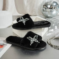 Korea Style Rhinestone Butterfly Indoor Slippers Women Winter 2026 Warm Plush Girl Slippers Brand Design Black Furry Fur Slides