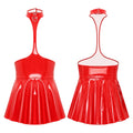 Womens Patent Leather Halter Latex Dress Wet Look Bare Breast Exposing Patent Leather Open Chest Halter Ruffled Latex Dresses