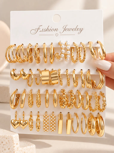 Fashion Simple Metal Geometric Irregular Faux Pearl Stud Earring Hoop Earrings Set For Women Couples Vacation Gift Daily Jewelry