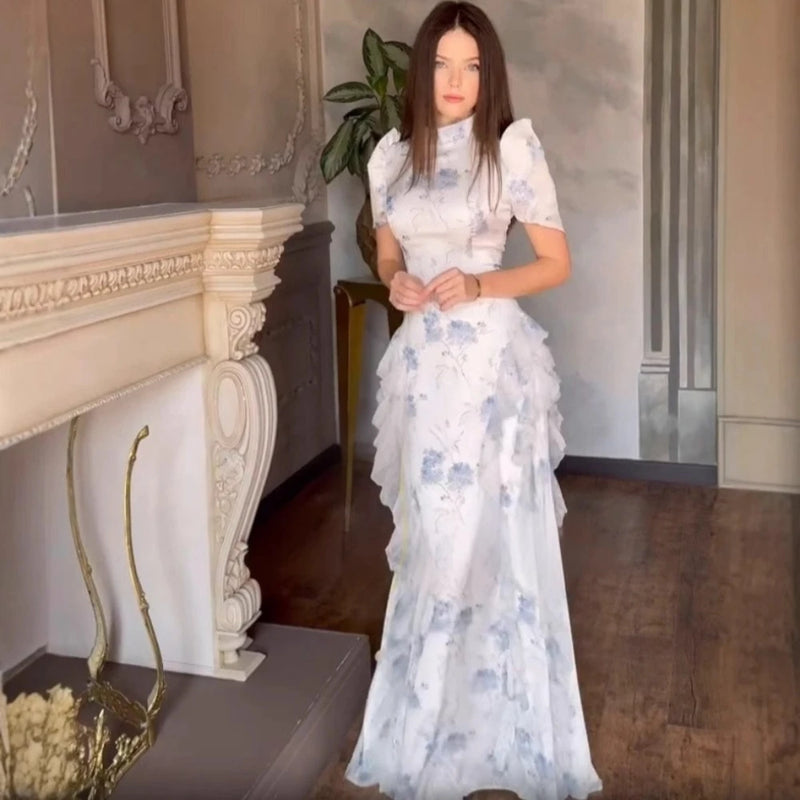 Long Dress Women Flower Print Dresses Ruffles Vestidos Short Sleeve Lace Up Tight Waist Maxi Gown Female 2025 Summer A Line