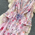 Women's Deep V-Neck Bohemian Dress Long Sleeve Floral Print Ruffle Hem Casual Spring Summer Runway Style Sweet Cascading Dress