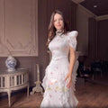 Long Dress Women Flower Print Dresses Ruffles Vestidos Short Sleeve Lace Up Tight Waist Maxi Gown Female 2025 Summer A Line