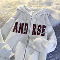 Women Letter Print Zip Up Hoodie Oversized Drawstring Hooded Sweatshirt Jacket With Kangaroo Pocket Casual Streetwear Outerwear