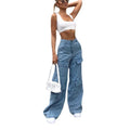Women Jeans Washing Solid Multi-Pockets Wide Leg Denim Pants Mid Waist Ankle-Length Cargo Pants Ladies Casual Loose Cargo Jeans