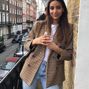 Elegant Plaid Long Sleeve Blazers Women 2025 Double Breasted Office Suit Jacket Woman Casual Turn Down Collar Outwear Lady