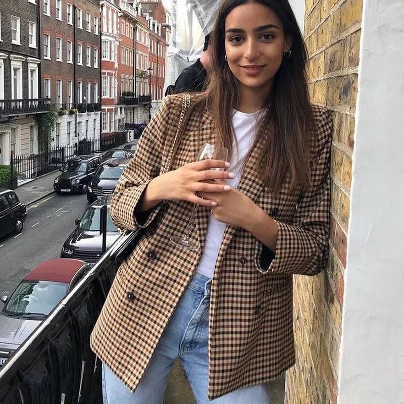 Elegant Plaid Long Sleeve Blazers Women 2025 Double Breasted Office Suit Jacket Woman Casual Turn Down Collar Outwear Lady