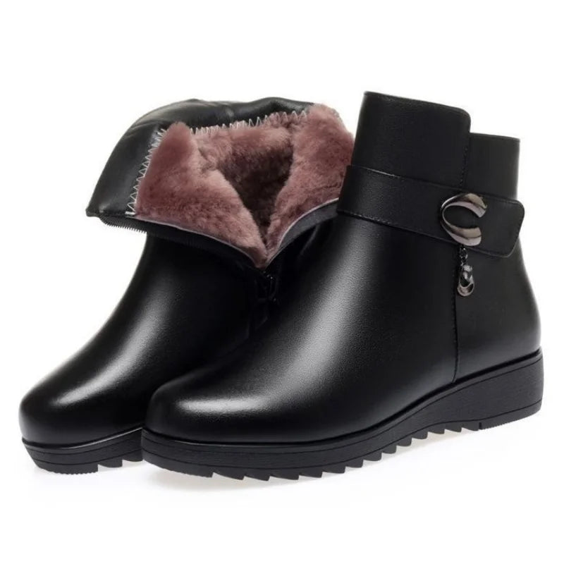 Leather Women Boots 2024 Winter Thick Wool Lined Genuine Leather Women Snow Boots Large Size Women Winter Shoes