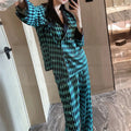 Green Plaid Pajamas Long Sleeve Lapel Shirt Pants Women Ice Silk Sleepwear Summer Autumn New Home Clothes Rayon Loungewear