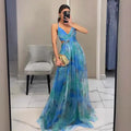 Sleeveless V-neck Women's Maxi Skirt 2025 New Mesh Print Slip Dress for Vacation Casual Party Dress Comfortable Oversized Skirt