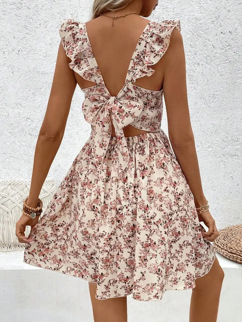 Women's Printed Hollow out Hem Ruffle Trim Dress Casual Beach Vacation Outfit Floral Summer Dress Evening Dresses 2026