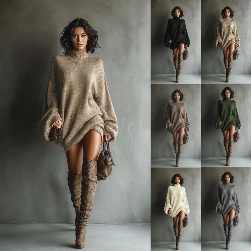 Elegant Long Sleeve Solid Knitwear Sweaters Dresses Women High-Neck Casual Commute Clothes Autumn Winter Female Pullover Dress