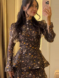 Elegant Floral Women's Cake Dress Bell-Bottomed Sleeve Stand Collar Waist-Closed Lady Dresses 2026 Spring Summer Female Robe