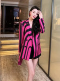 Rose Red Zebra Stripes Loose Blazers for Women Y2K European Designer Jacket Fashion Party Formal Aesthetic Coat Spring Casual