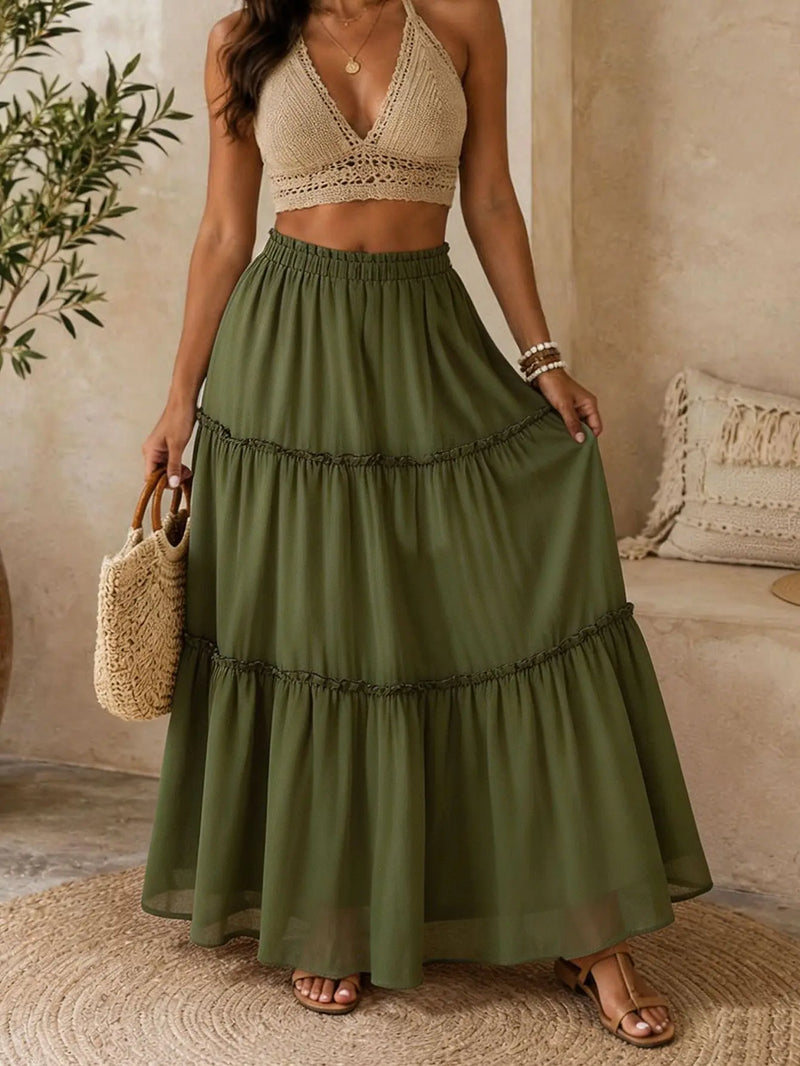 Summer Women Fashionable Layered Long Skirt Casual Solid Color Elastic High Waist Women's Half Skirt Holiday Vacation Skirt 2026