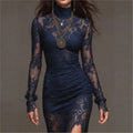 Maxi Floral Dress Women Bodycon Solid Lace Maxi Dress High Mock Neck Long Sleeve Ruched Side High Slit Hem Sheer Floral Dress Evening Prom Dresses