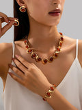 Vintage Red Oval Gemstone Jewelry Set for Women Gold-Plated Geometric Twisted Necklace Earrings Bracelet Elegant Banquet Wedding Statement Accessories