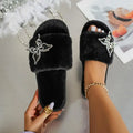 Korea Style Rhinestone Butterfly Indoor Slippers Women Winter 2026 Warm Plush Girl Slippers Brand Design Black Furry Fur Slides